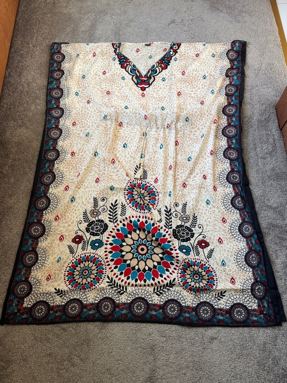 Boho Print Kaftan Muumuu Dress SIZE OS Multicolor Medallion Border Lounge Resort